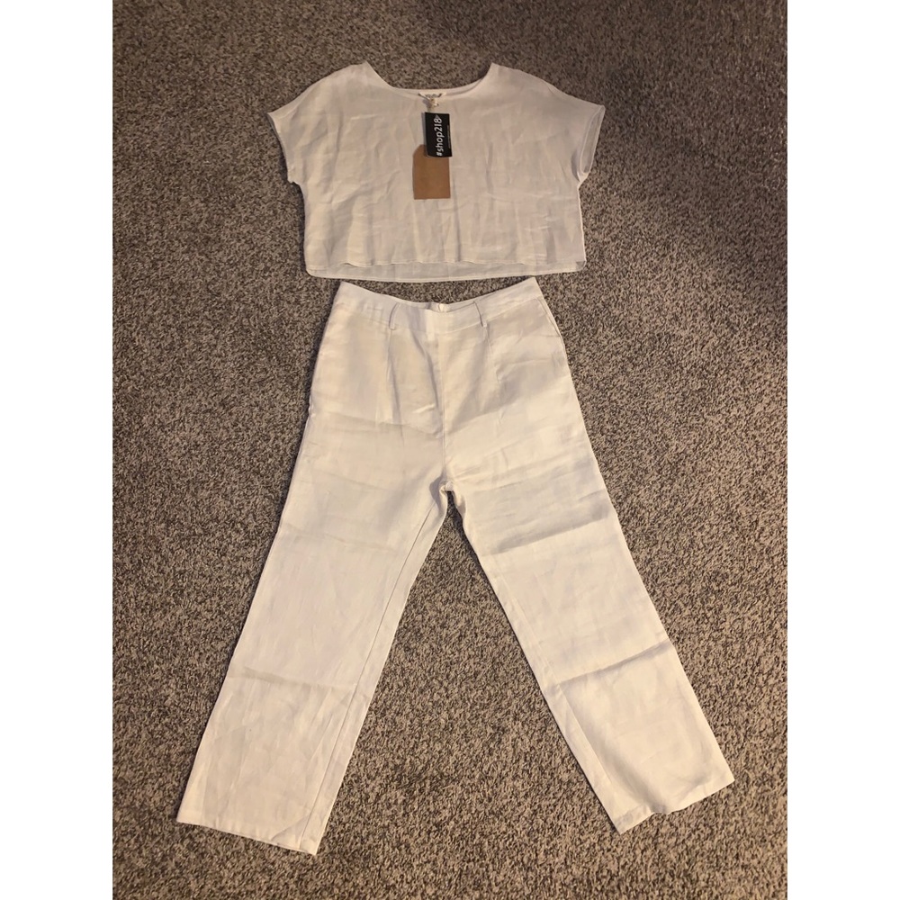 Linen Crop Top and Tie Waist Trouser Pants Set